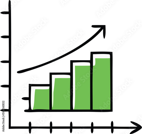 Simple hand drawn bar chart showing upward trend and growth with an arrow indicating positive progress and success