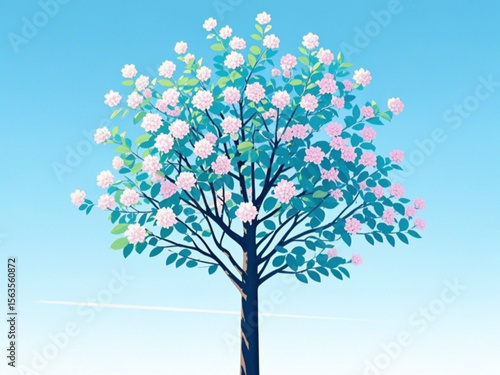 A lush tabebuya tree with a few flowers against a clear sky