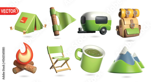A 3D illustration vector set featuring camping icons, including a tent, flag, camper, backpack, campfire, folding chair, cup, and mountain scenery. Perfect for adventure and travel themes.
