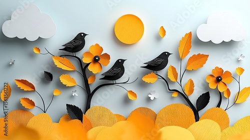 A whimsical paper cut design of birds, flowers, and leaves.