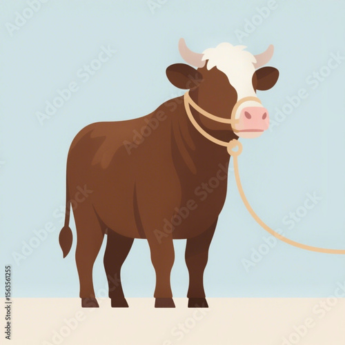 a brown cow with milky white hair on its forehead, standing with a rope tied to its nose.
