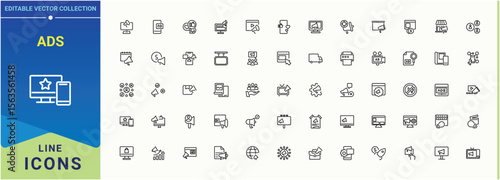 Ads modern icon set. Minimal icons collection. Featuring advertising, campaign, market, business. Editable vector art and illustration. Publicity related icon set.