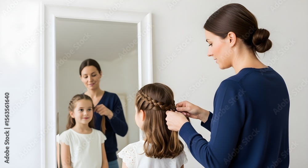 Fototapeta premium Mother Braiding Her Daughter's Hair in Front of a Mirror: A Tender Moment of Family Connection