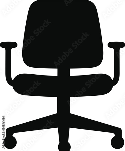 A silhouette of a black office chair with armrests and wheels against a white background shown centered