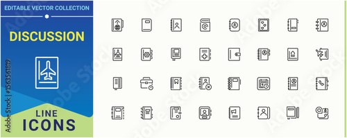 Set of Discussion line icon. Contains related to meeting, meet, class, seminar, team, teamwork, interview and more. Agenda modern icon set. Sign and Symbol. Editable vector art and illustration.