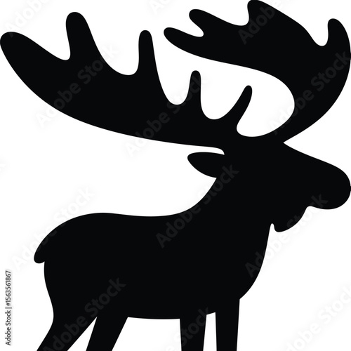 A black silhouette of a moose with large antlers standing against a plain white background image art