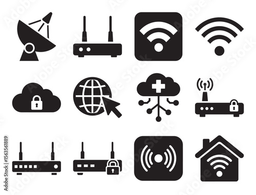 Wireless technology and connectivity glyph icon set for wifi and hotspot showing router signal and other symbols for internet network and communication