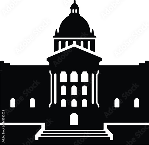 Silhouette of a capitol building with a prominent dome and steps in a simple monochrome illustration