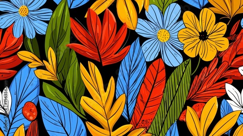 Wallpaper Mural Vibrant Pixel Art Floral Pattern with Blue, Yellow, and Red Flowers on Black Background Torontodigital.ca
