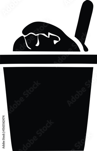 Stylized black and white icon of a bucket filled with ice cream and a scoop