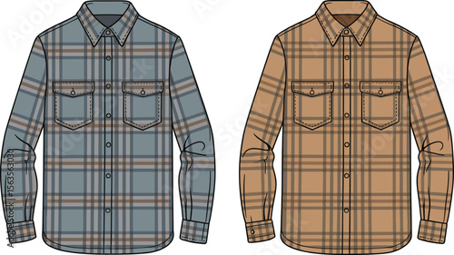 Flat vector illustration of men’s plaid shirts, front view fashion sketch, casual checkered button-up design, apparel technical drawing flat vector illustration