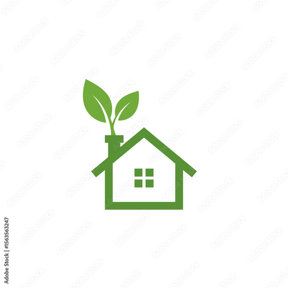 A house icon with a leaf growing from the chimney A house icon with a leaf growing from the chimney