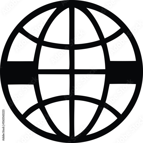 A stark black stylized globe icon with intersecting lines representing meridians and parallels on a clean white background