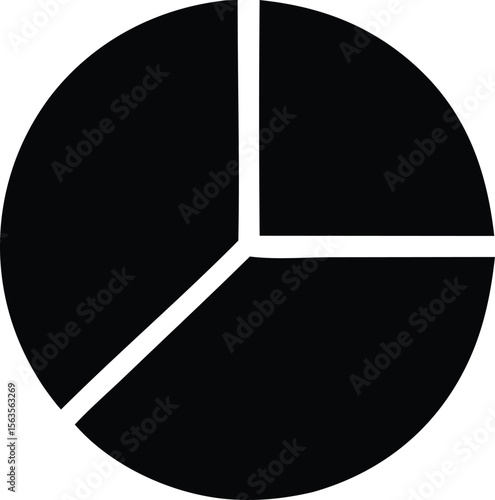 A simple black pie chart divided into three unequal segments on a white background representing data visualization
