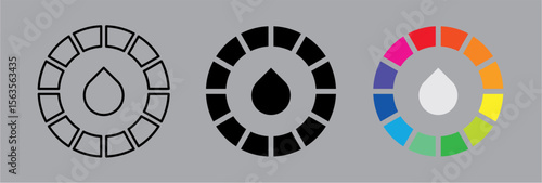 Set of Color Palette Icons with Drop Symbol in Outline, Solid, and Multicolor Styles – Vector Illustration for UI or Art Tools