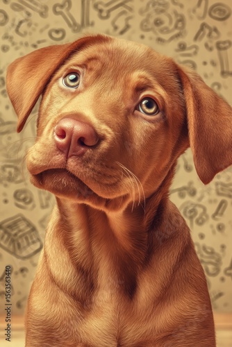Wallpaper Mural Charming brown Labrador puppy with expressive blue eyes sits in front of a playful, patterned backdrop. Curious expression highlights its youthful innocence, adding to the overall appeal of the image. Torontodigital.ca
