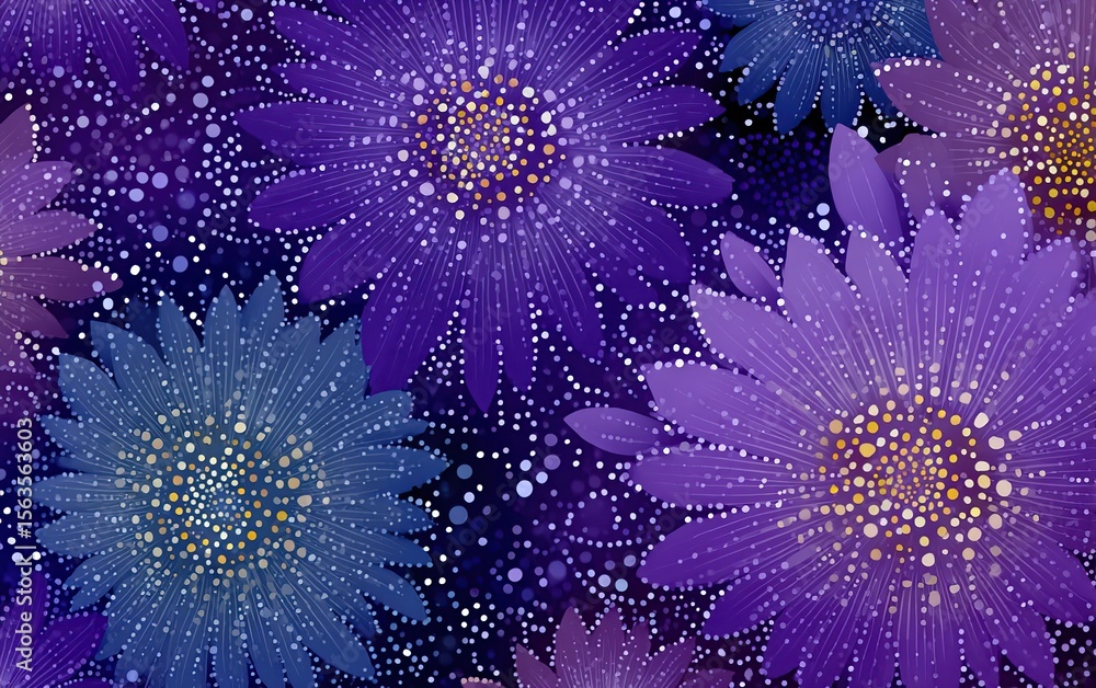 Fototapeta premium Vibrant Purple and Blue Floral Pattern with Dotted Accents for Decor and Design