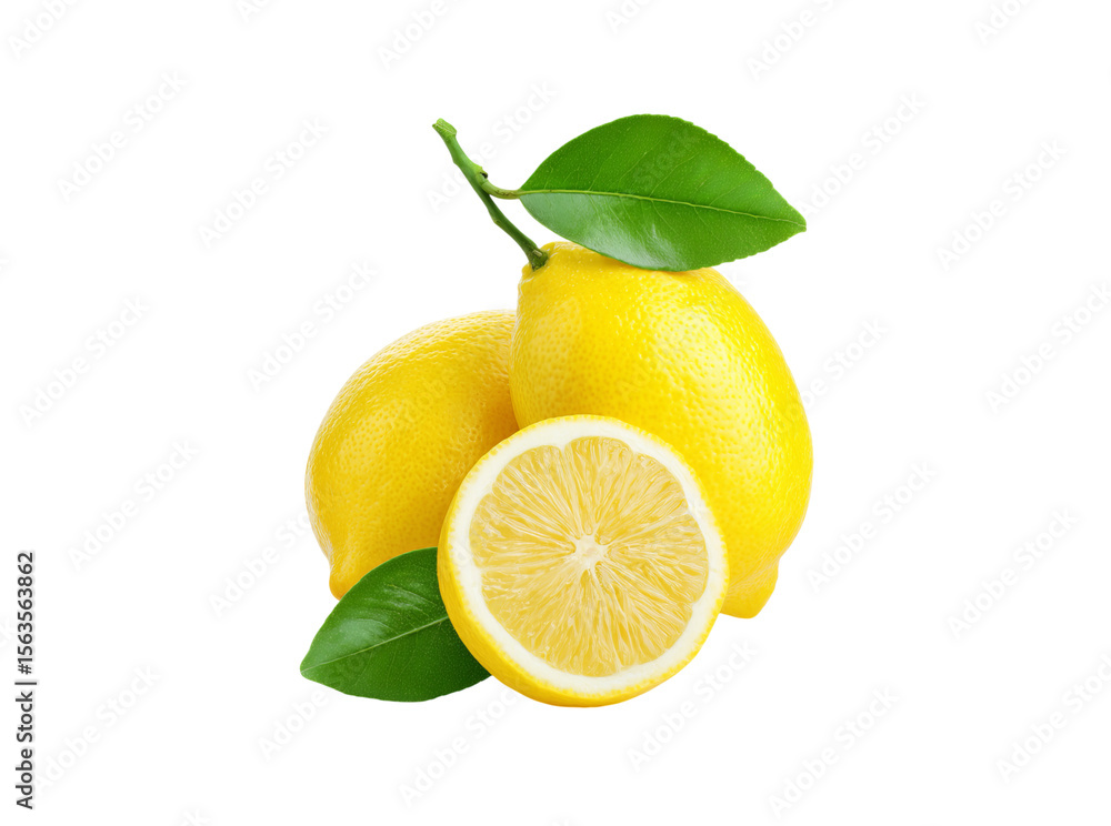Fresh lemons with leaves isolated on black background, Isolated On Transparent Background, Png Cut Out Fresh lemons with leaves isolated on black background, Isolated On Transparent Background, Png Cut Out