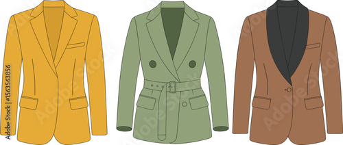 Fashion flat sketch of three stylish men’s blazers, showcasing classic tailoring, modern belts, and shawl collar designs in color flat vector illustration