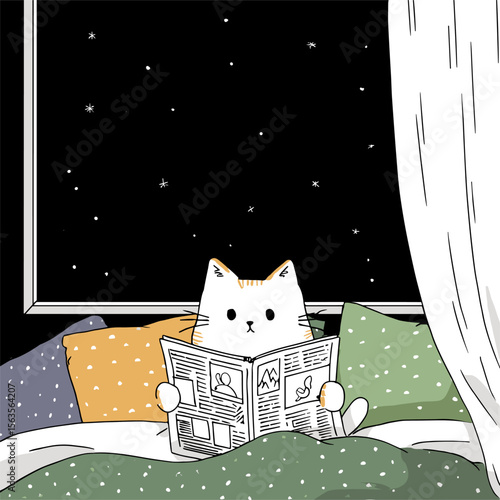 vector cat reading newspaper lying in bed .Generative AI