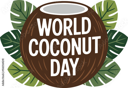 Festive World Coconut Day Illustration with a Coconut Drink Straw Umbrella and Tropical Leaves Celebrating the Versatility and Cultural Significance of Coconuts Worldwide
