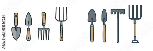 Various garden tools arranged neatly for planting, digging, and weeding in a backyard setting during daylight