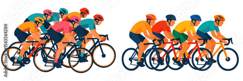 Group of cyclists competing in a race on a sunny day showing clear determination and speed