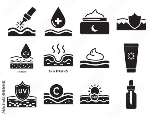Skincare and dermatology glyph icon set for beauty and cosmetics showing cream lotion dropper and other products for skin health and treatment symbols