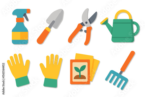 Gardening tools and supplies arranged neatly for planting in a bright and colorful design