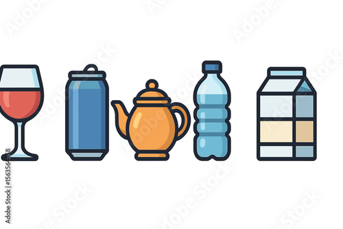 Collection of various beverage containers displayed in a minimalist style against a plain background