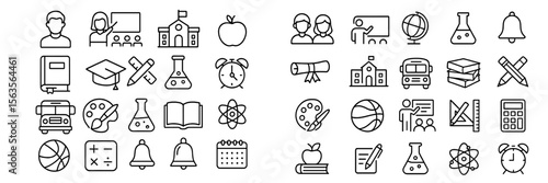 Icons representing education, learning, and school activities in a minimalist design featuring various subjects and classroom elements