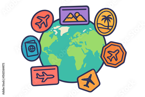 Travel icons surrounding a colorful globe representing global exploration and adventure