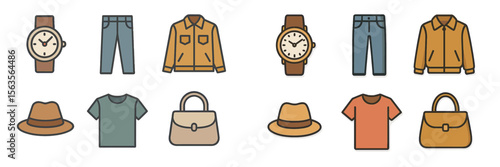 Fashionable clothing and accessories displayed in an organized layout for seasonal styles and casual outfits