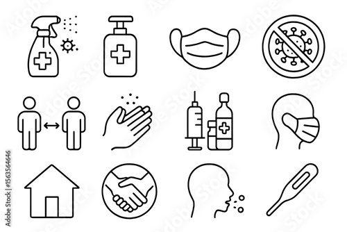 Health and safety symbols representing hygiene practices and disease prevention measures during a pandemic environment