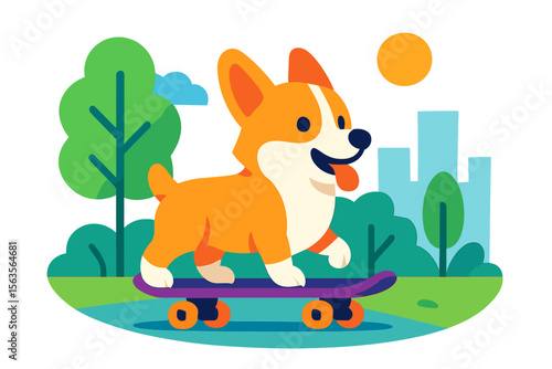 Corgi enjoys skateboarding in a sunny park surrounded by trees and buildings during a cheerful daytime activity