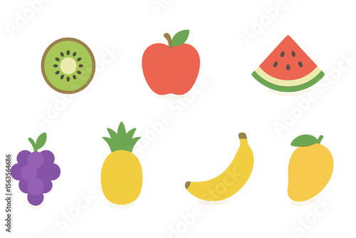 Colorful assortment of fruit illustrations featuring various tropical and temperate varieties on a white background