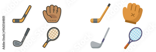 Sports equipment collection featuring hockey sticks, gloves, golf clubs, and tennis racquets in a variety of styles