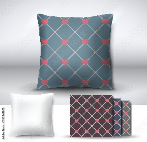 Set of realistic 3d throw pillows with seamless pattern samples. Apartment interior design element. Cushion isolated on a gray background.