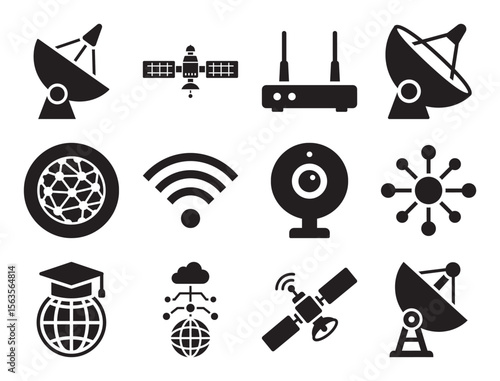 Space technology and satellites solid glyph icon set for global communication showing dish antenna router and other network and broadcasting vector symbols