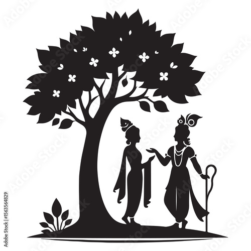 Simple black silhouette of Radha-Krishna standing under a tree divine pose minimal flat icon on white background