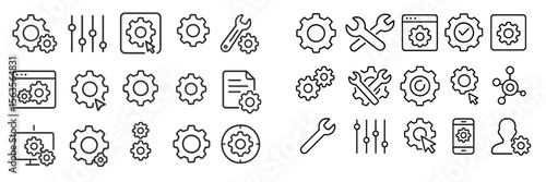 Collection of line icons showcasing gears and tools used for technology, engineering, and software applications in various settings