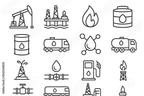 Symbols of the oil and gas industry including drilling rigs, transport vehicles, and fuel storage in a clear design