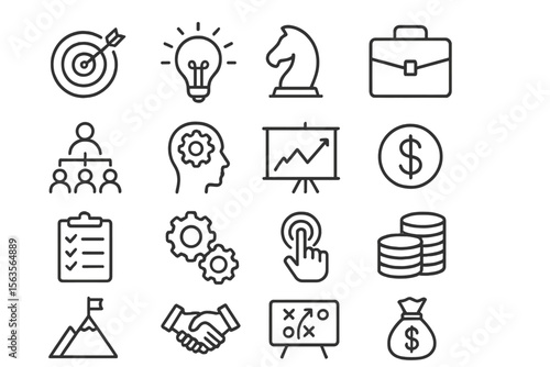 Business strategy elements displayed through icons representing planning, teamwork, and financial success
