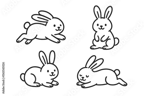 Cute rabbits in various playful poses captured in a simple illustration showcasing their charm and personality