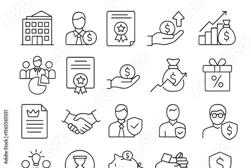 Collection of line icons representing finance, business concepts, and achievement in a corporate environment
