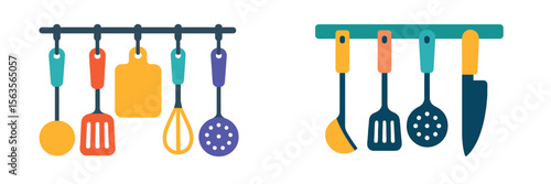 Kitchen utensils hanging on a rack with a variety of tools for cooking and baking displayed in a modern design