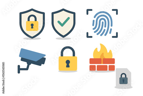 Security icons illustrating various aspects of protection and surveillance, highlighting safety measures and technology
