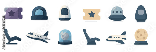 Colorful travel and space-themed icons depicting various transportation modes and experiences displayed on a white background