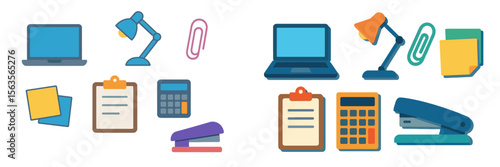 Collection of office supplies and equipment arranged on a workspace for productive work and study sessions