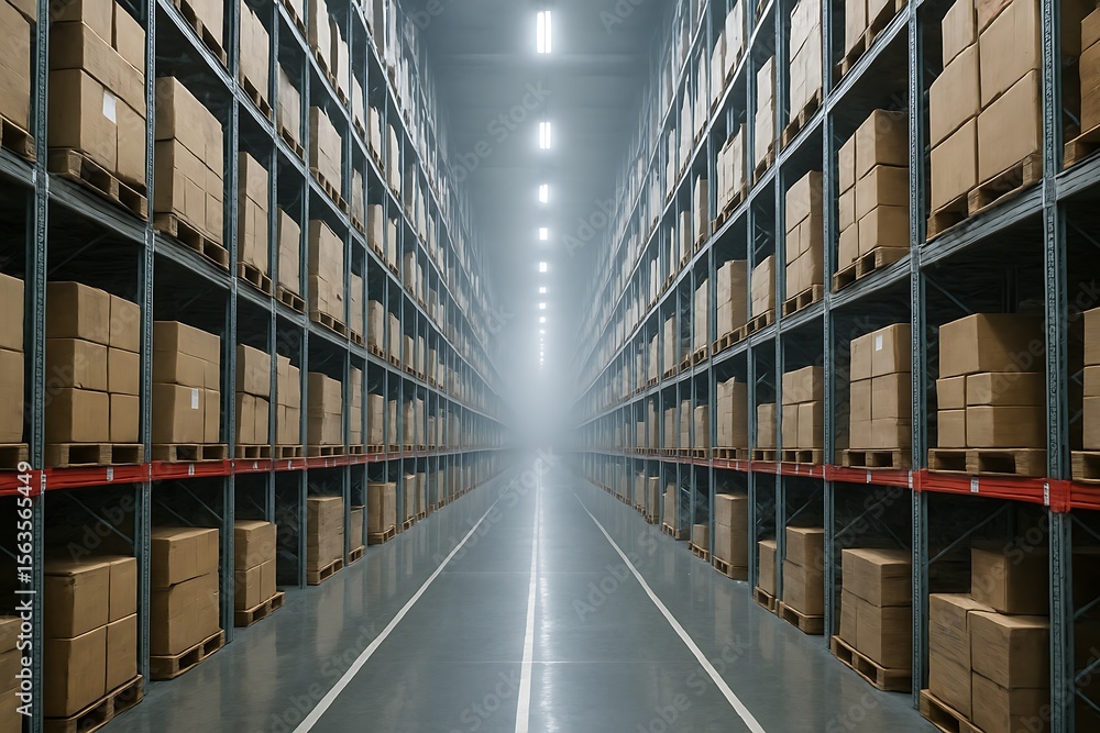 Fototapeta premium Warehouse interior with long aisles of stacked boxes and lighting, highlighting storage solutions and inventory management, warehouse industry background